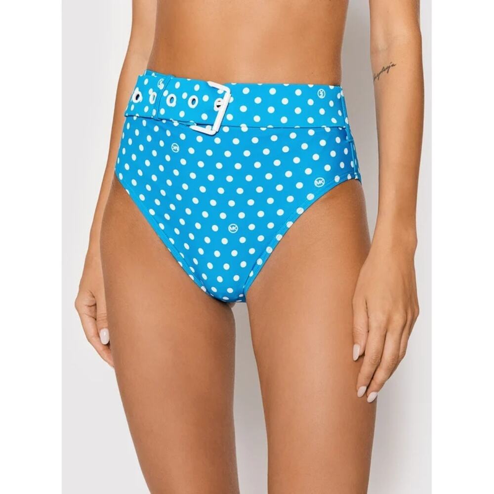 NWT Michael Kors Swim Bikini Bottoms Blue Polka Dot High-Waist Belted Size XS
